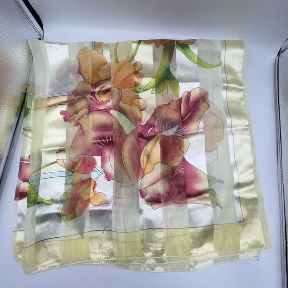 Silk Square Scarf Women 37 x 37 Inches Shawl Wrap floral Yellow - Picture 1 of 11
